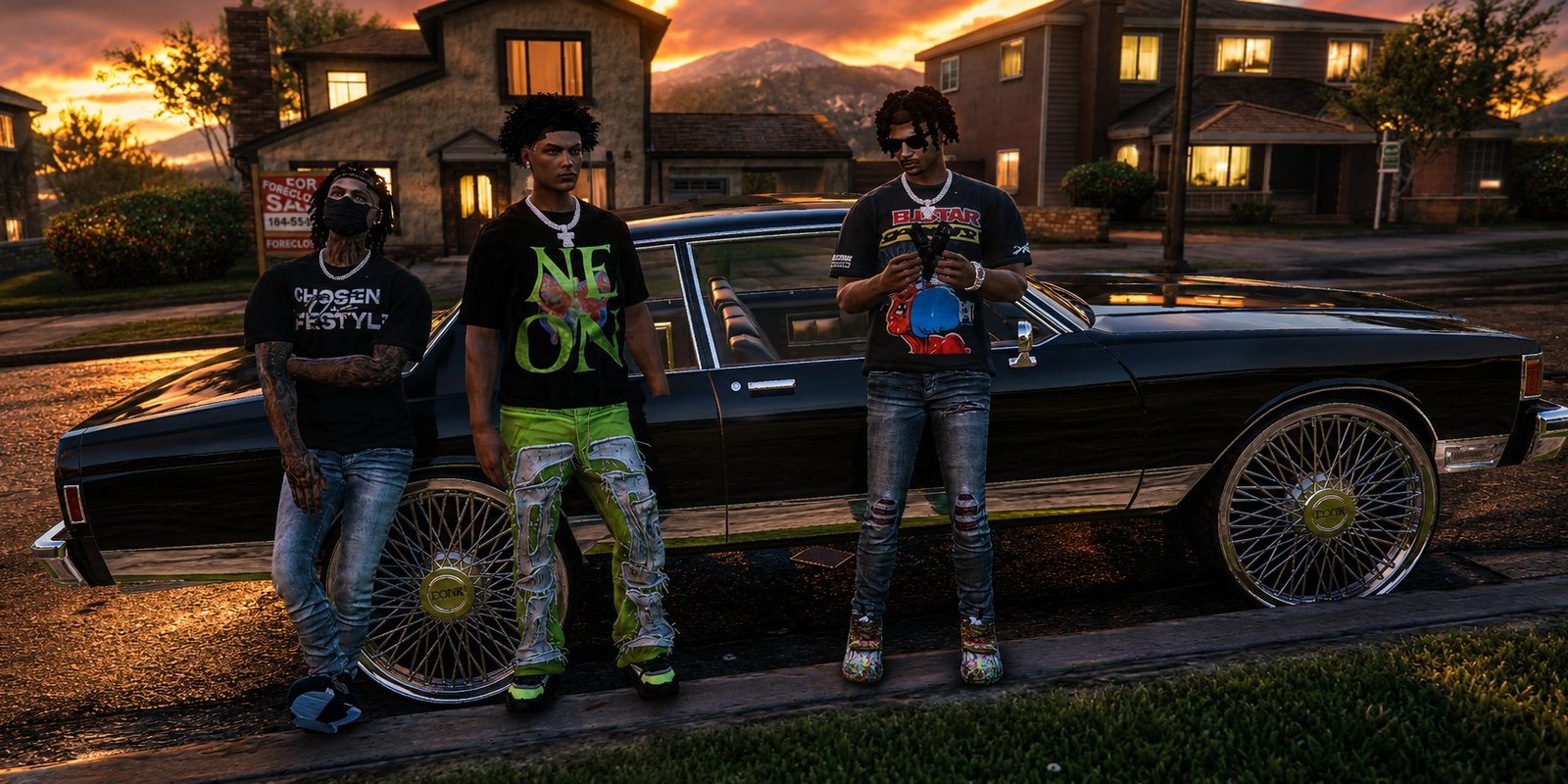 The crew posted up with donks at golden hour — the world of NOFRONTIN CHIRAQ RP